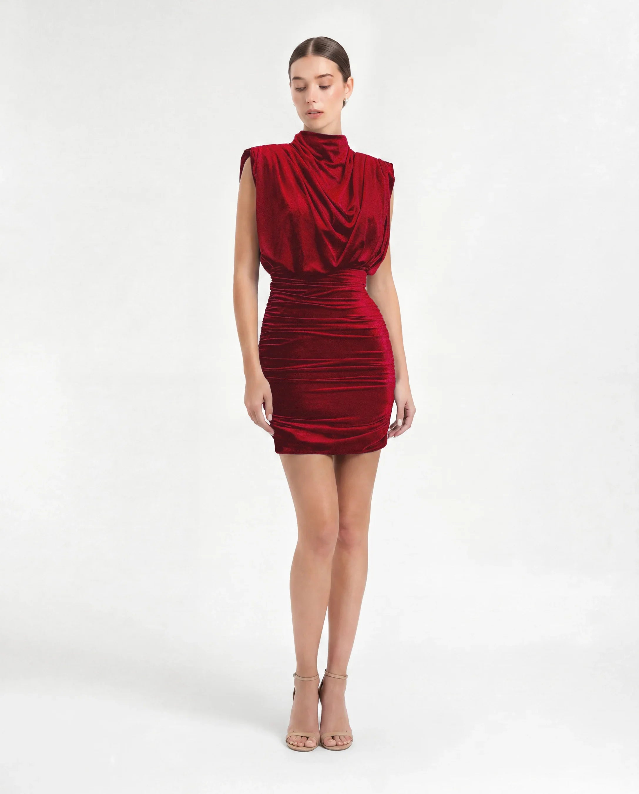 1307-Velvet Cowl Neck Mini Evening Dress