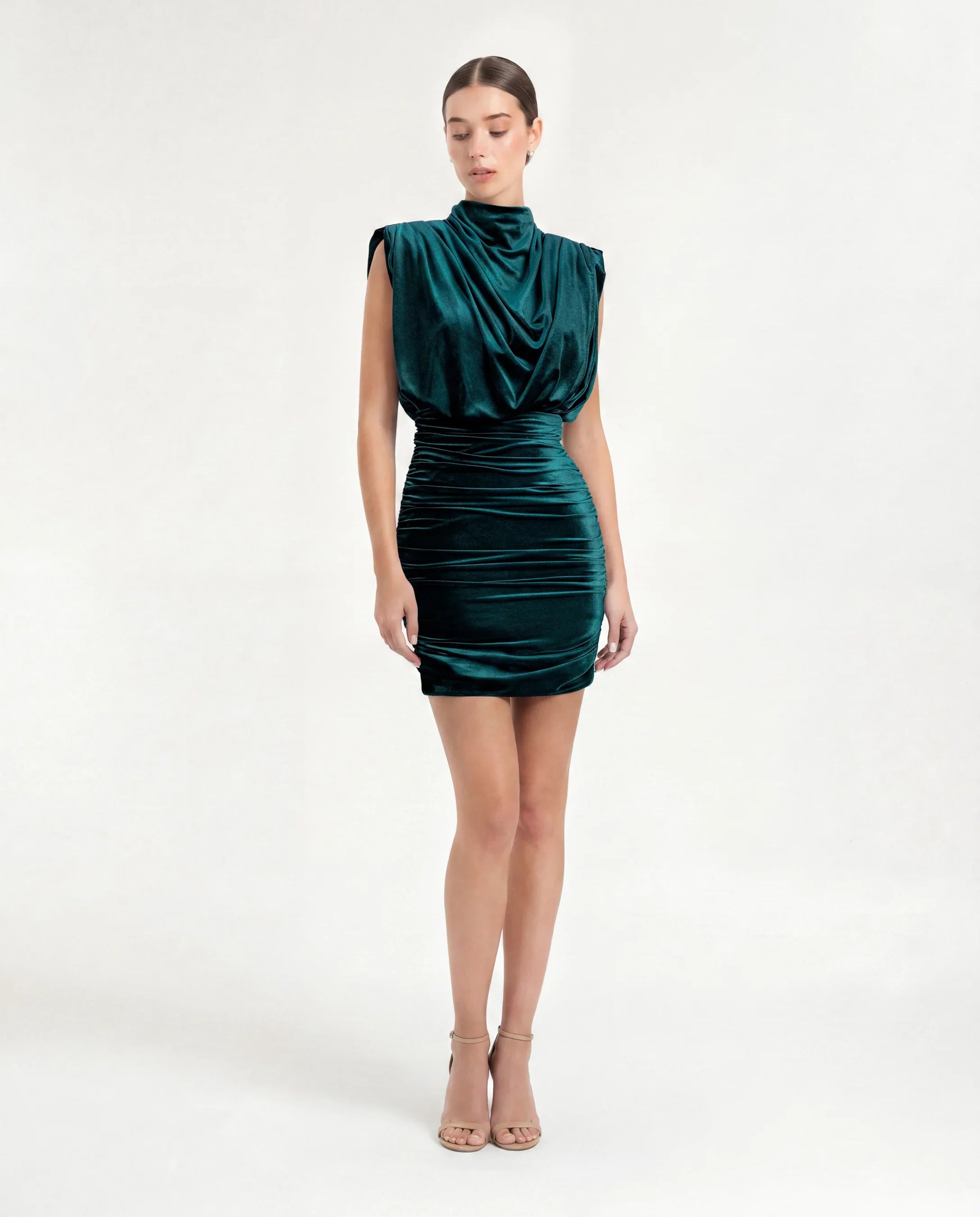 1307-Velvet Cowl Neck Mini Evening Dress
