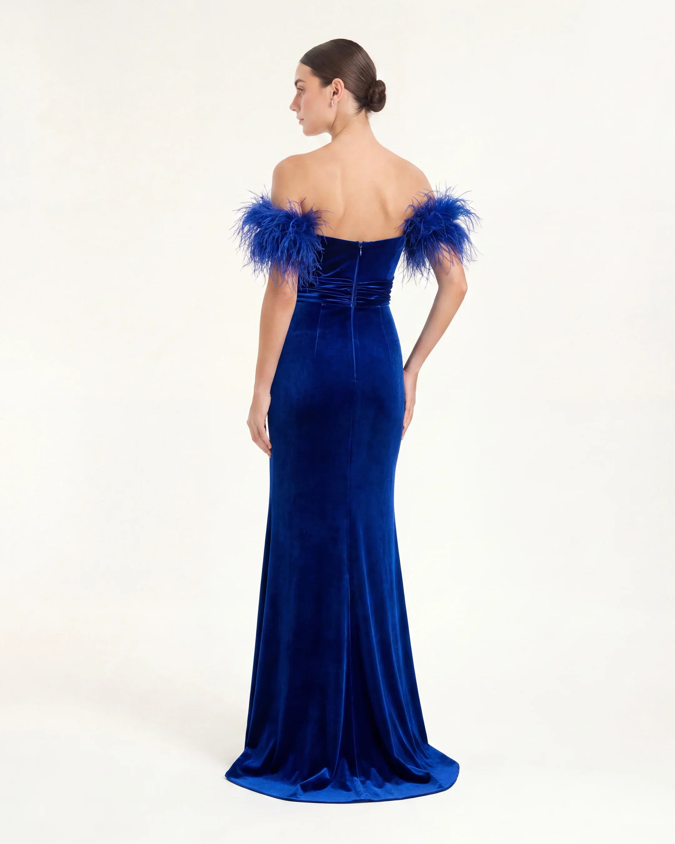 2310-Feather Shoulder Detail Draped Velvet Evening Dress