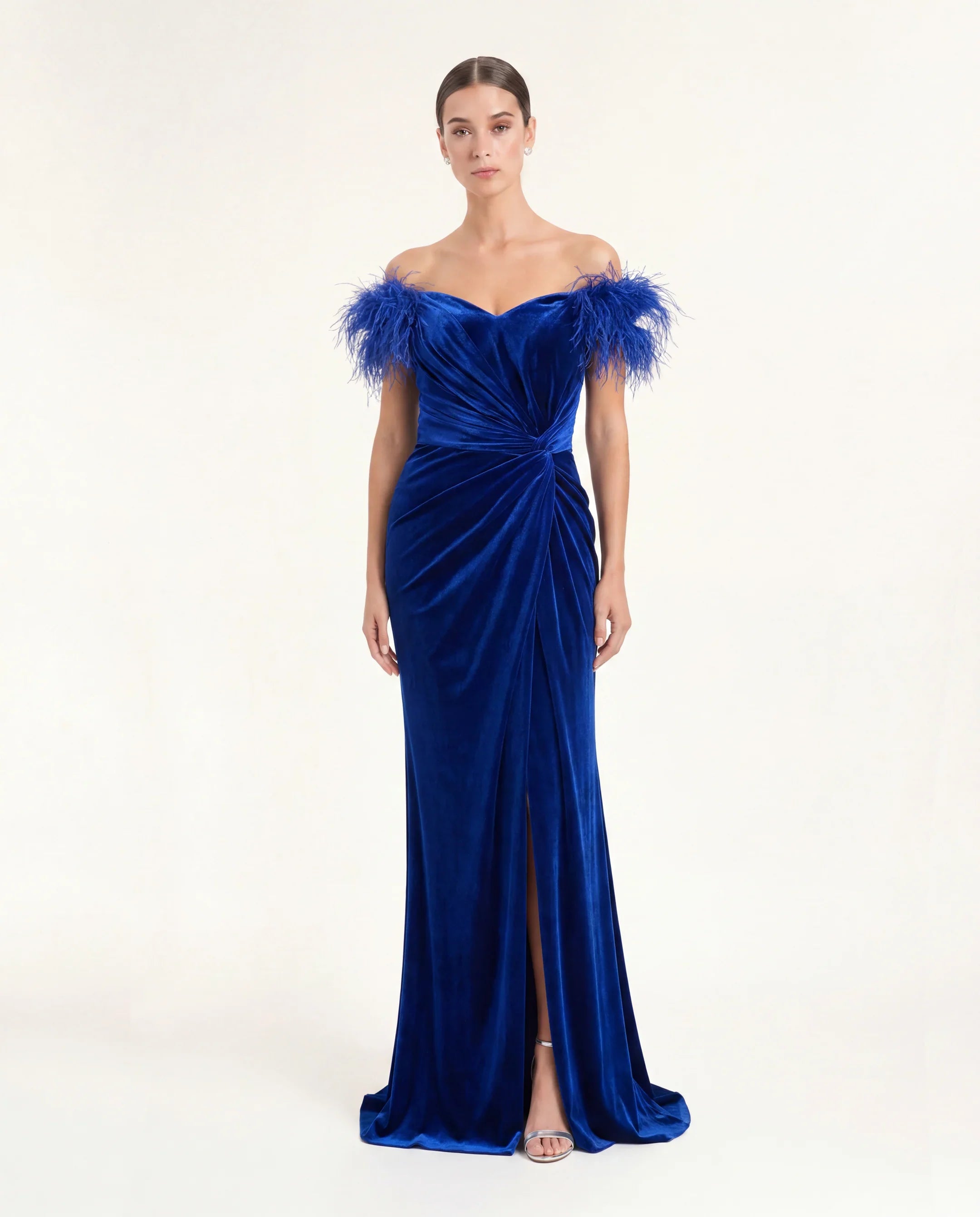2310-Feather Shoulder Detail Draped Velvet Evening Dress