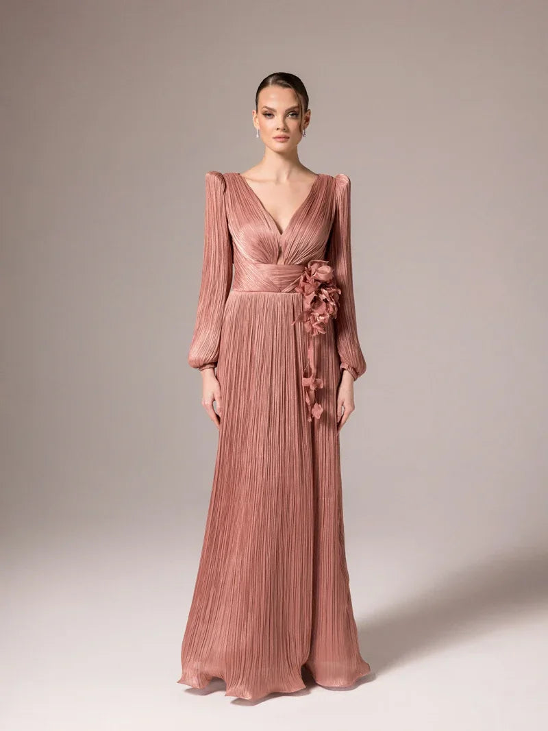 25002-Çiçek Tasarımlya V Yaka Kloş Elbise - Kenzel