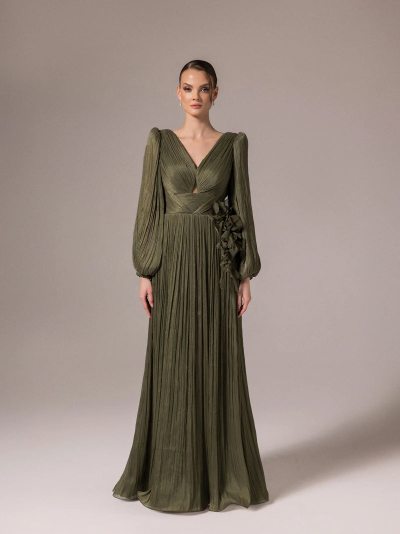 Çı̇çek Tasarımlı V Yaka Kloş Elbı̇se Haki renk