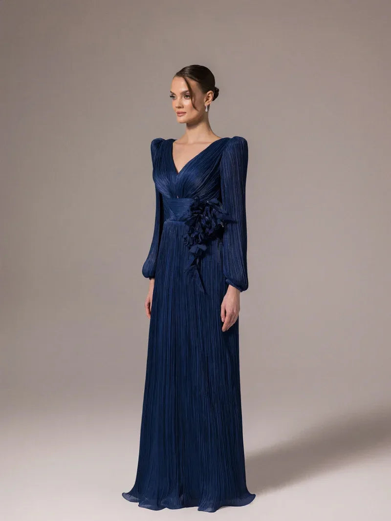 25002-Çiçek Tasarımlya V Yaka Kloş Elbise - Kenzel