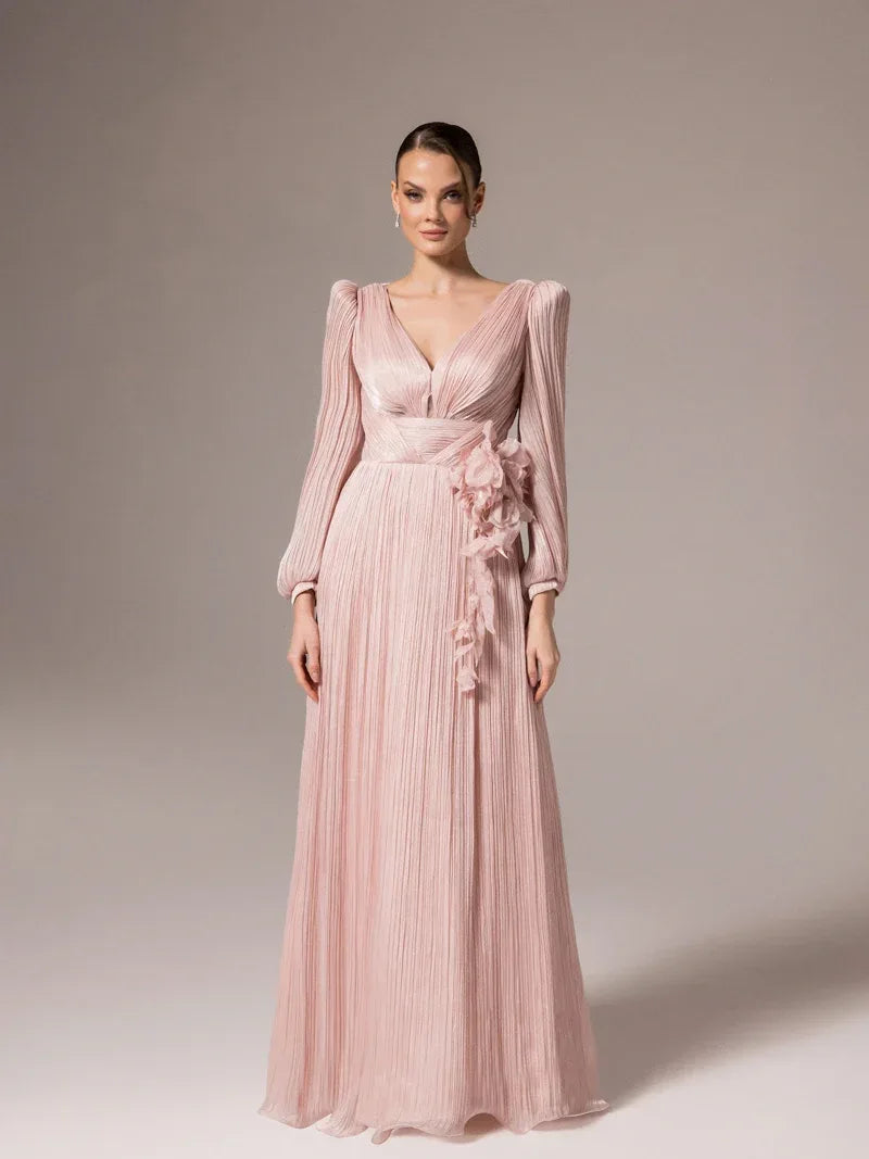 25002-Çiçek Tasarımlya V Yaka Kloş Elbise - Kenzel