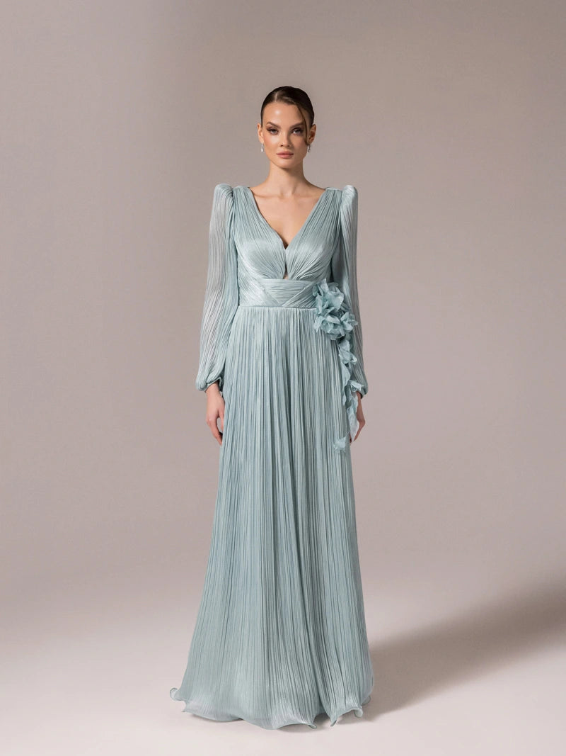 25002-Çiçek Tasarımlya V Yaka Kloş Elbise