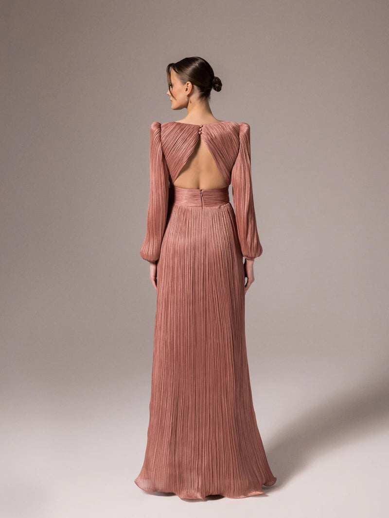 25002-Çiçek Tasarımlya V Yaka Kloş Elbise