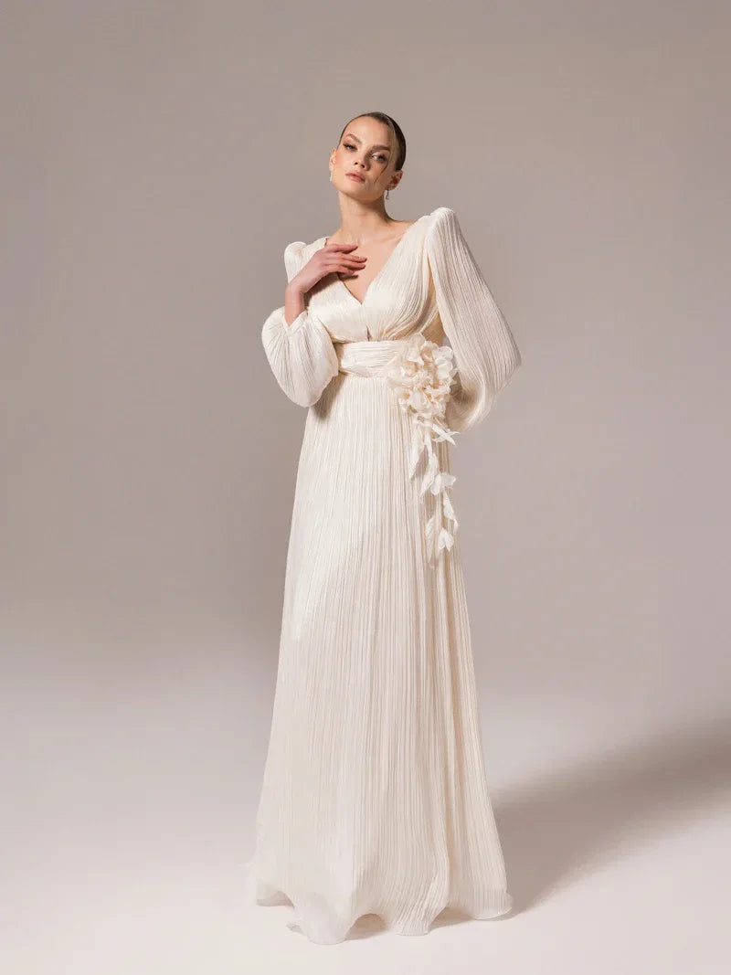 25002-Çiçek Tasarımlya V Yaka Kloş Elbise - Kenzel