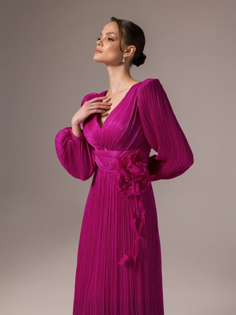 25002-Çiçek Tasarımlya V Yaka Kloş Elbise