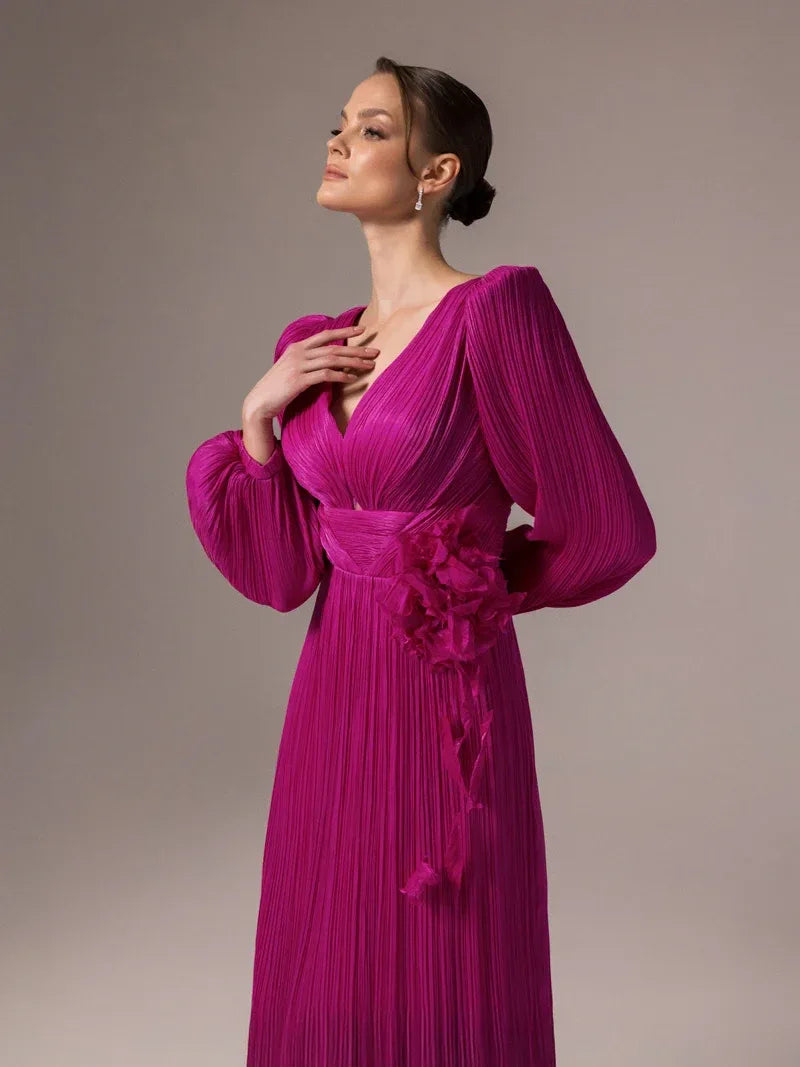 25002-Çiçek Tasarımlya V Yaka Kloş Elbise - Kenzel