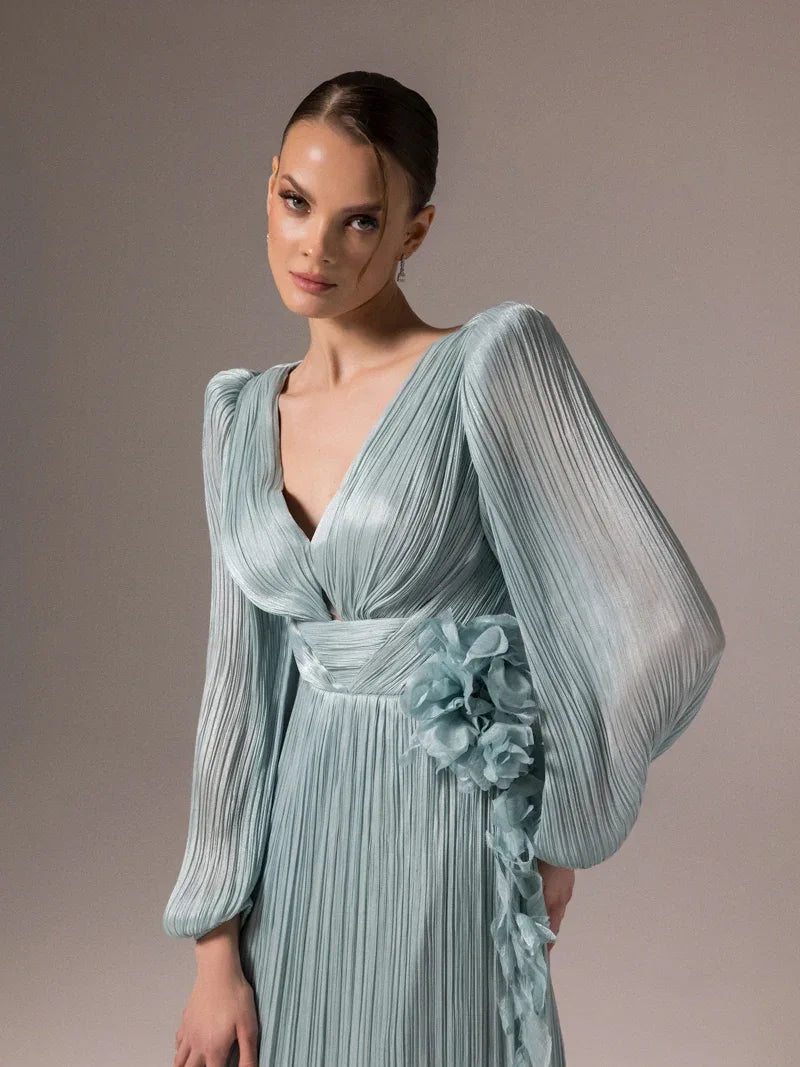 25002-Çiçek Tasarımlya V Yaka Kloş Elbise - Kenzel