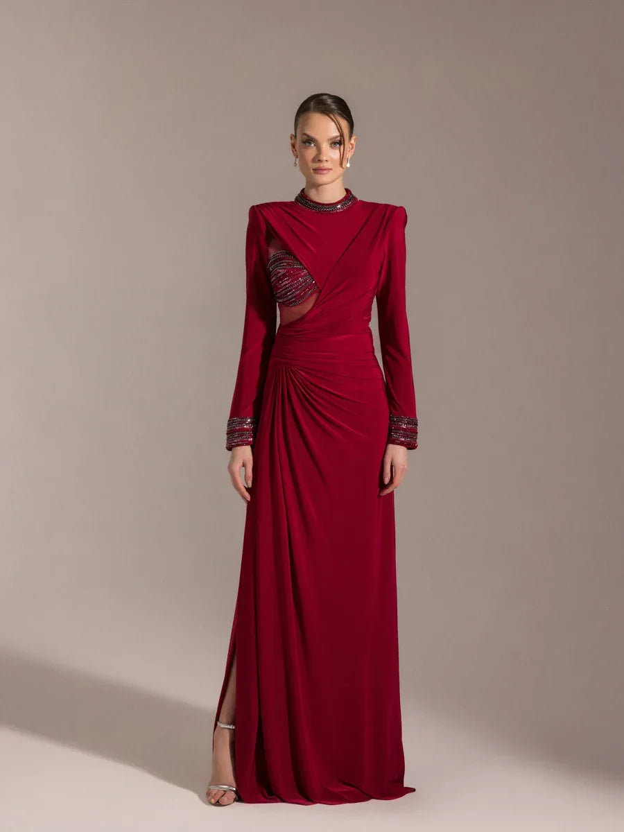 25013-Hakim Yaka Uzun Kollu Yıtmaçlı Drapeli Abiye Elbise - Kenzel