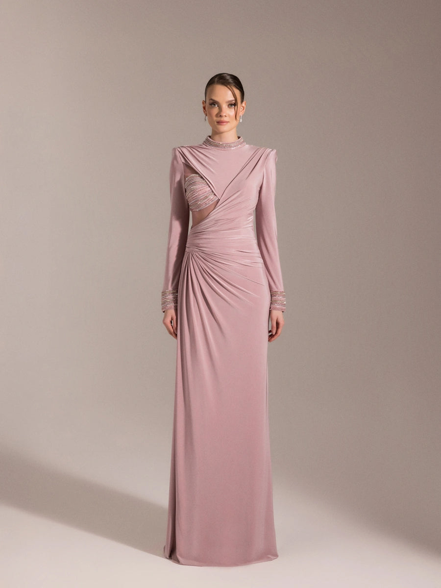 25013-Hakim Yaka Uzun Kollu Yıtmaçlı Drapeli Abiye Elbise