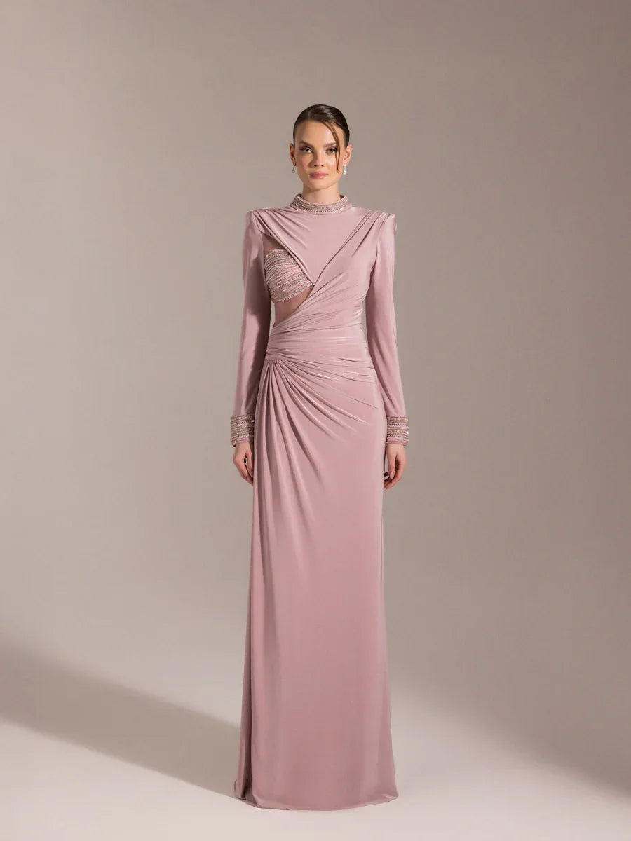 25013-Hakim Yaka Uzun Kollu Yıtmaçlı Drapeli Abiye Elbise - Kenzel