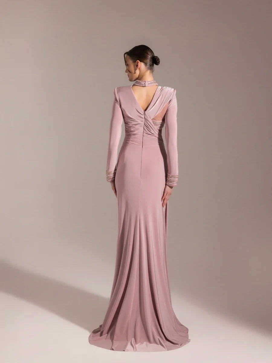 25013-Hakim Yaka Uzun Kollu Yıtmaçlı Drapeli Abiye Elbise - Kenzel