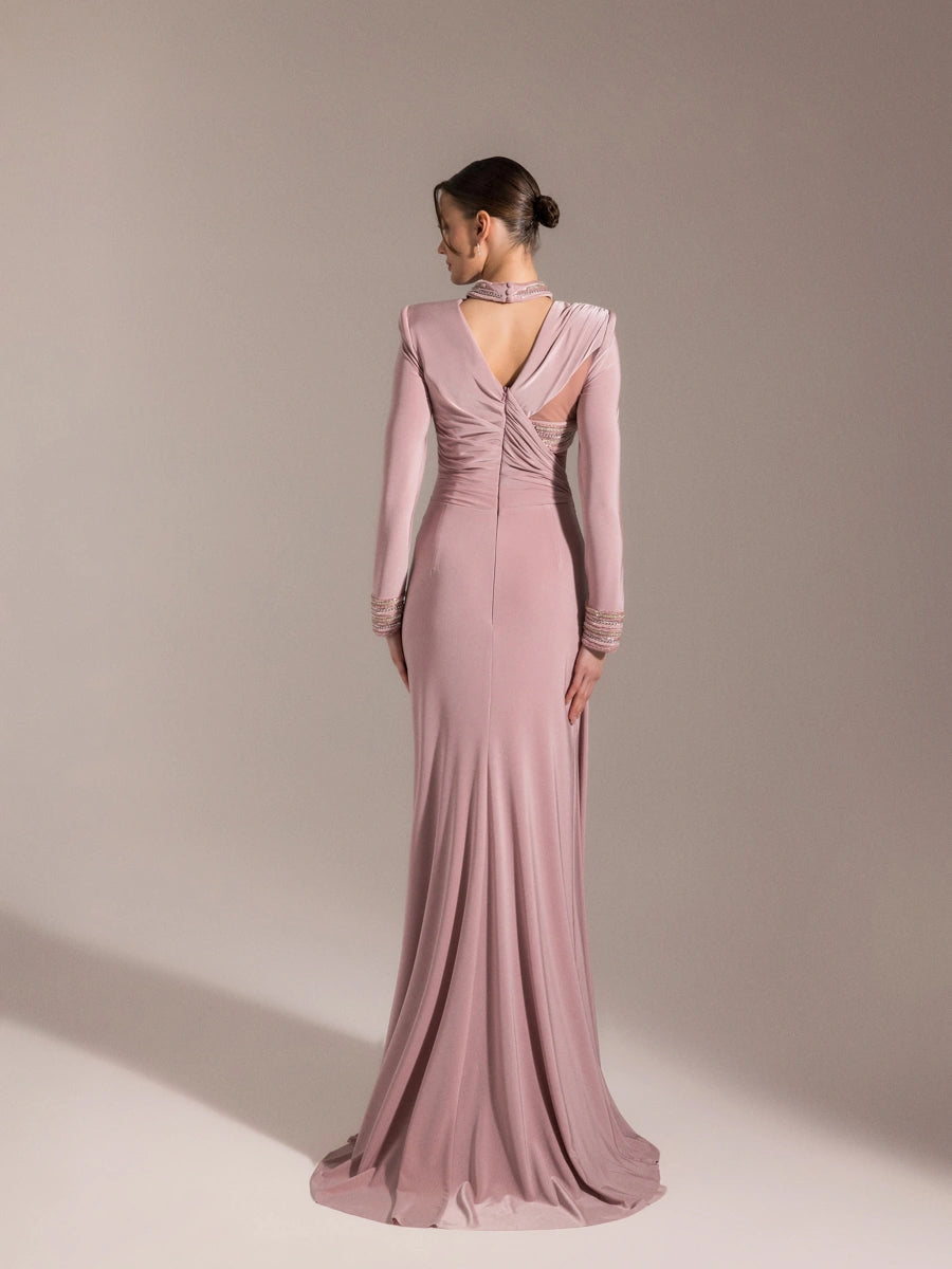 25013-Hakim Yaka Uzun Kollu Yıtmaçlı Drapeli Abiye Elbise