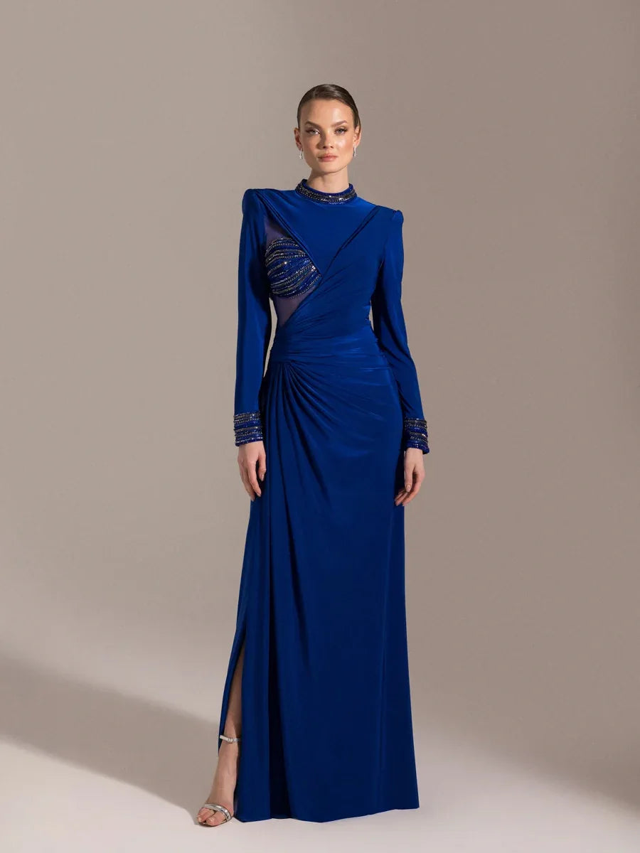 25013-Hakim Yaka Uzun Kollu Yıtmaçlı Drapeli Abiye Elbise - Kenzel