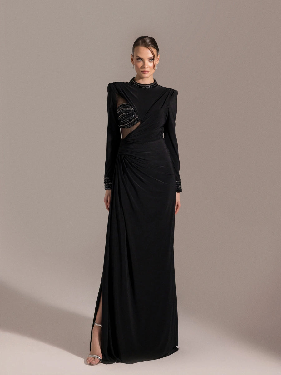 25013-Hakim Yaka Uzun Kollu Yıtmaçlı Drapeli Abiye Elbise