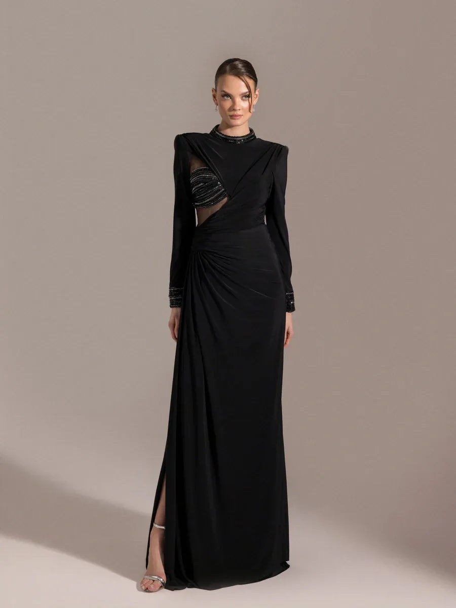 25013-Hakim Yaka Uzun Kollu Yıtmaçlı Drapeli Abiye Elbise - Kenzel