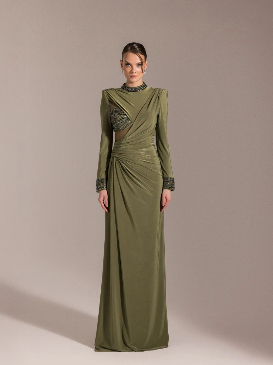 25013-Hakim Yaka Uzun Kollu Yıtmaçlı Drapeli Abiye Elbise