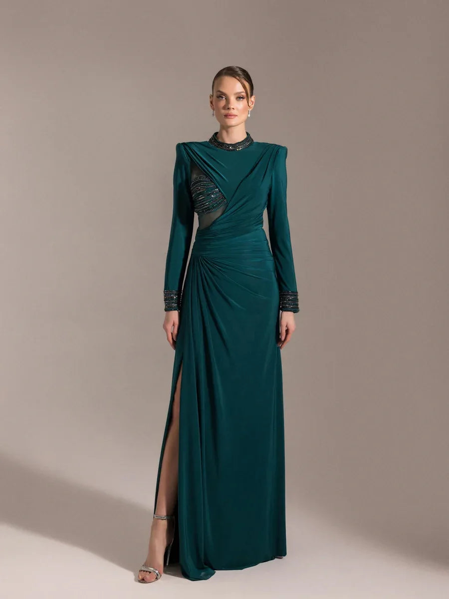 25013-Hakim Yaka Uzun Kollu Yıtmaçlı Drapeli Abiye Elbise - Kenzel