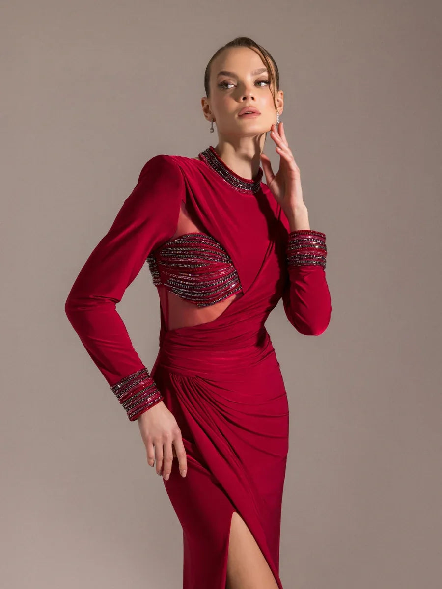 25013-Hakim Yaka Uzun Kollu Yıtmaçlı Drapeli Abiye Elbise - Kenzel