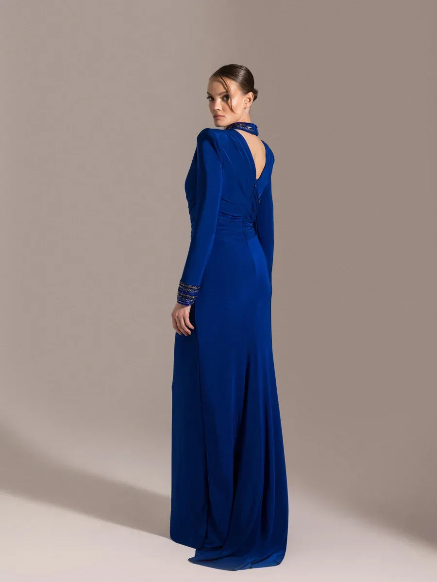 25013-Hakim Yaka Uzun Kollu Yıtmaçlı Drapeli Abiye Elbise - Kenzel