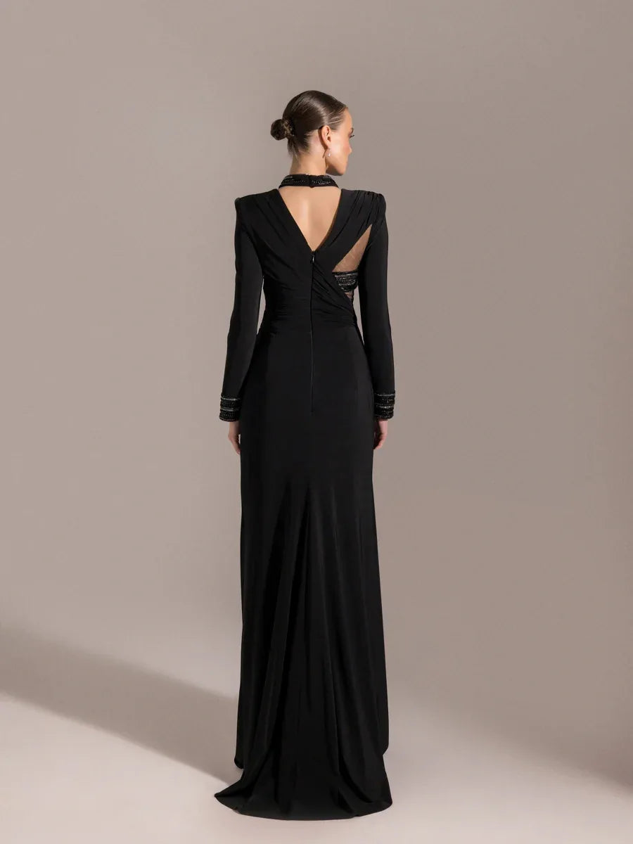 25013-Hakim Yaka Uzun Kollu Yıtmaçlı Drapeli Abiye Elbise - Kenzel