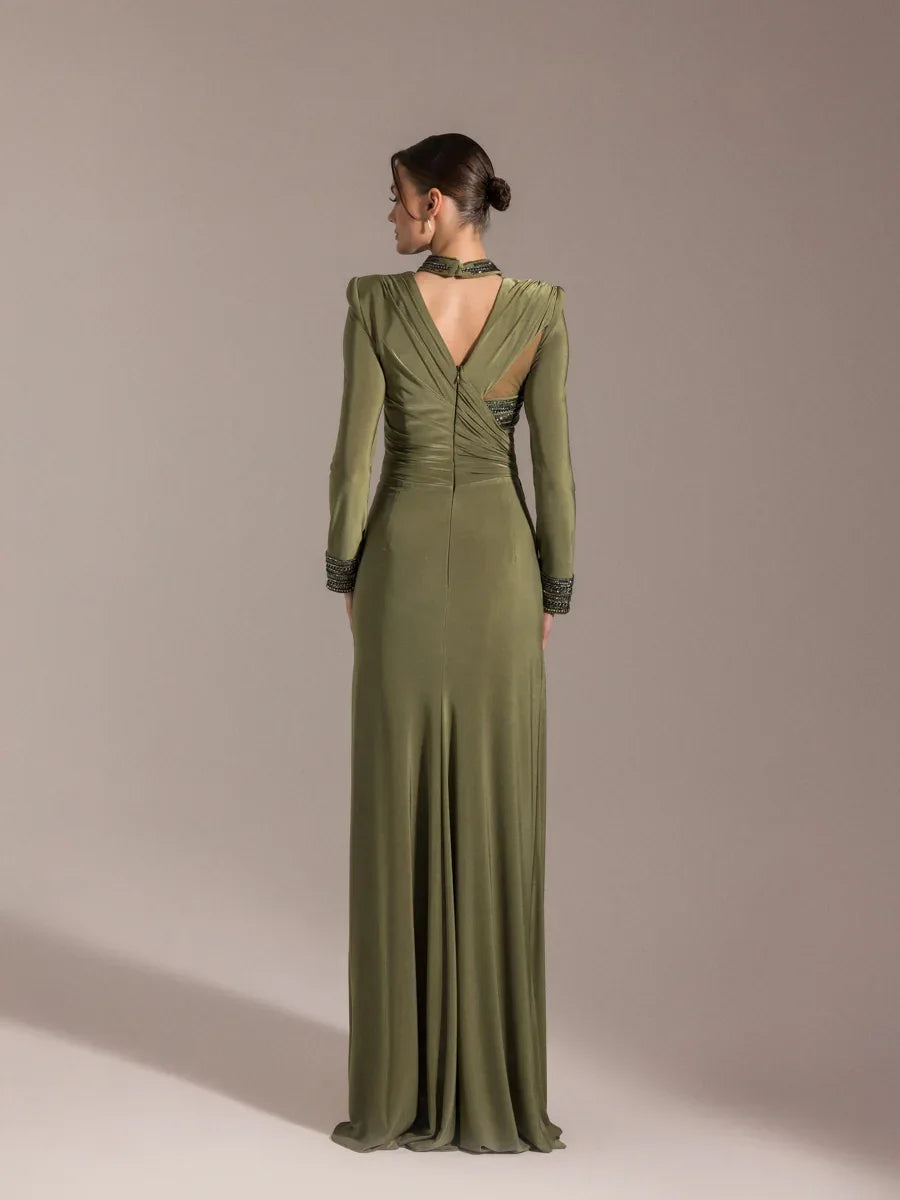 25013-Hakim Yaka Uzun Kollu Yıtmaçlı Drapeli Abiye Elbise - Kenzel