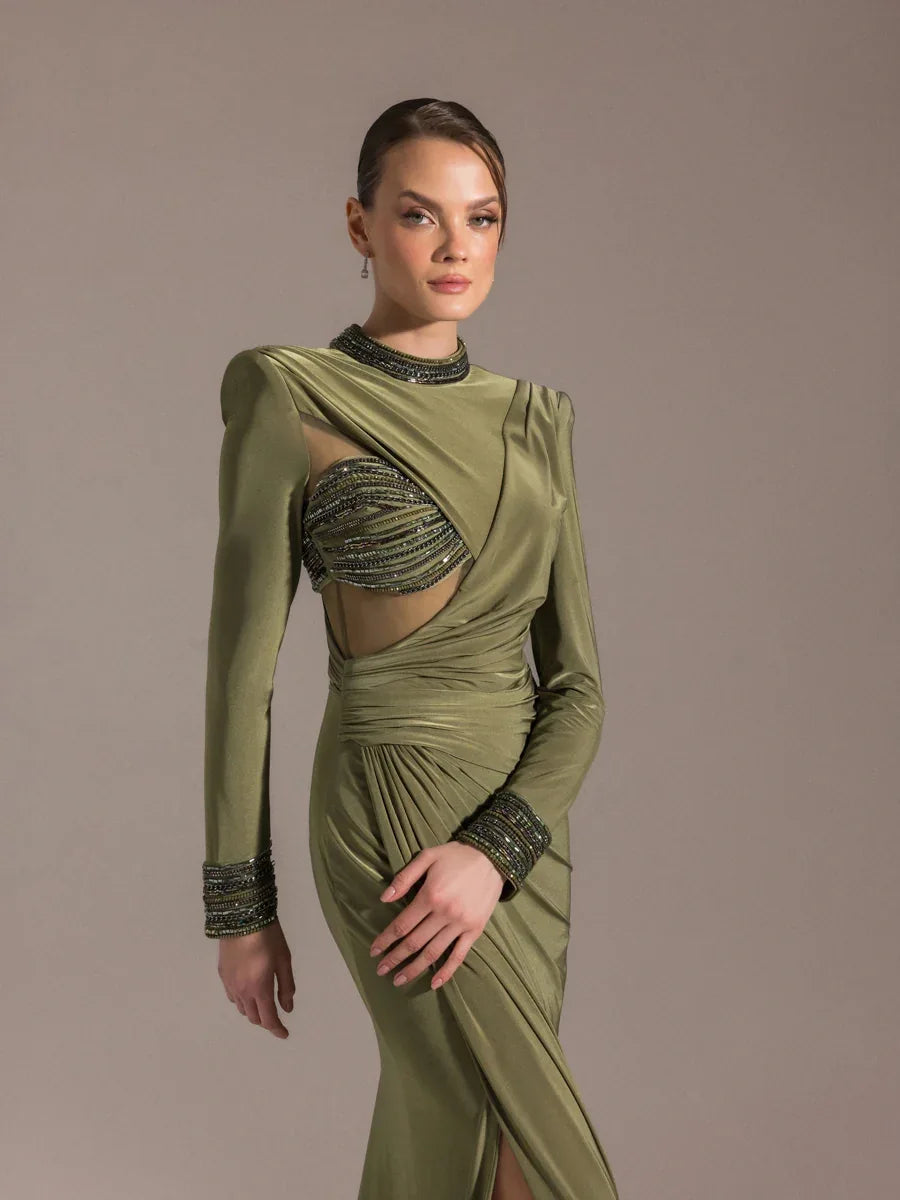 25013-Hakim Yaka Uzun Kollu Yıtmaçlı Drapeli Abiye Elbise - Kenzel