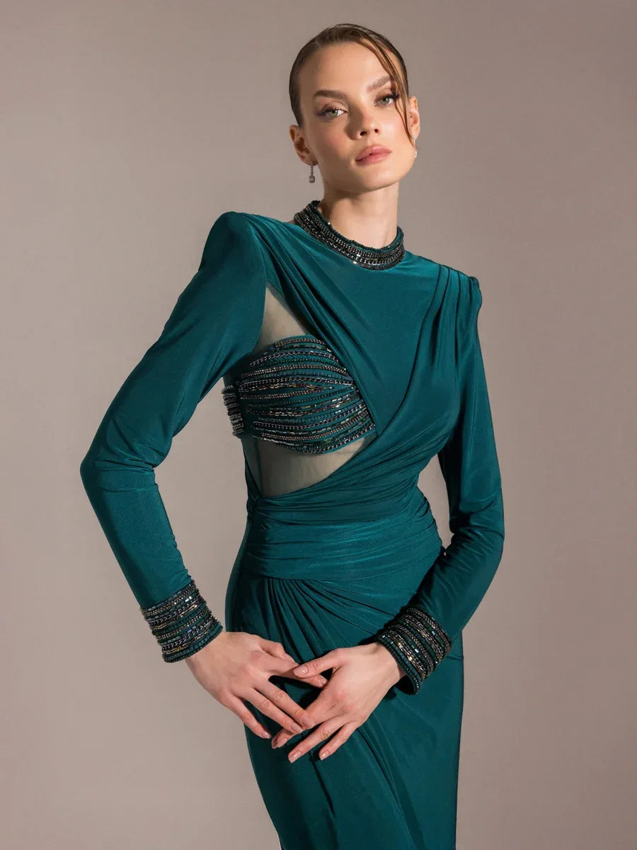 25013-Hakim Yaka Uzun Kollu Yıtmaçlı Drapeli Abiye Elbise - Kenzel