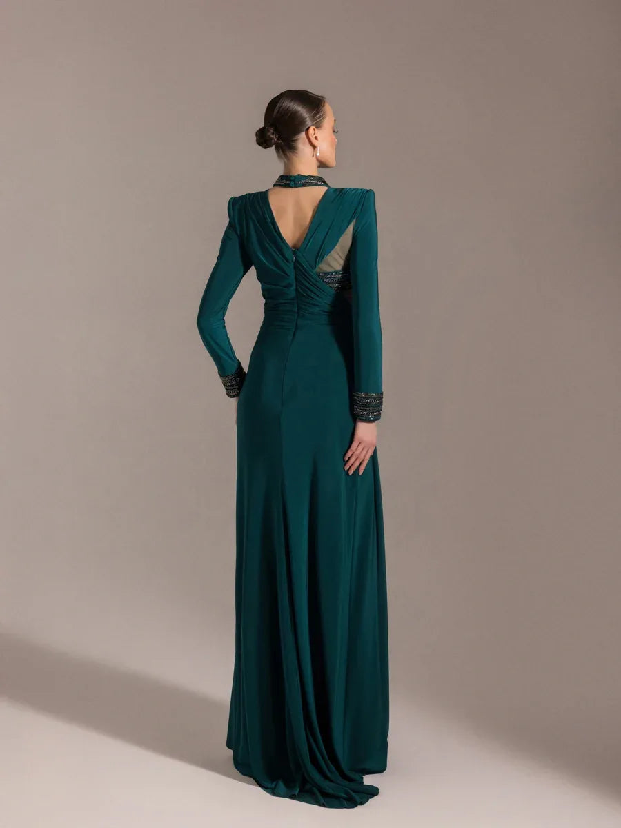 25013-Hakim Yaka Uzun Kollu Yıtmaçlı Drapeli Abiye Elbise - Kenzel