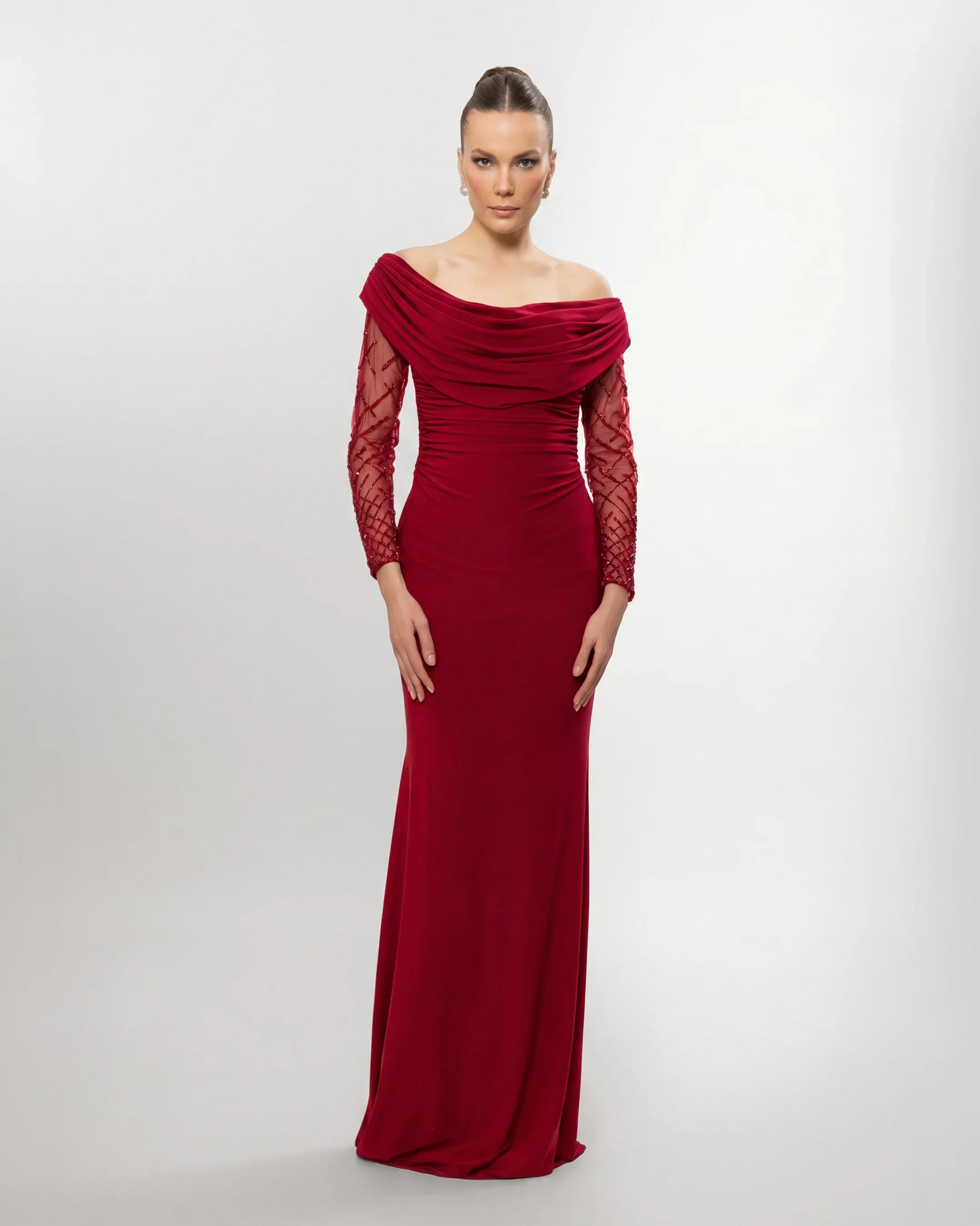 26015-Drape Collar Drop Shoulder Long Evening Dress