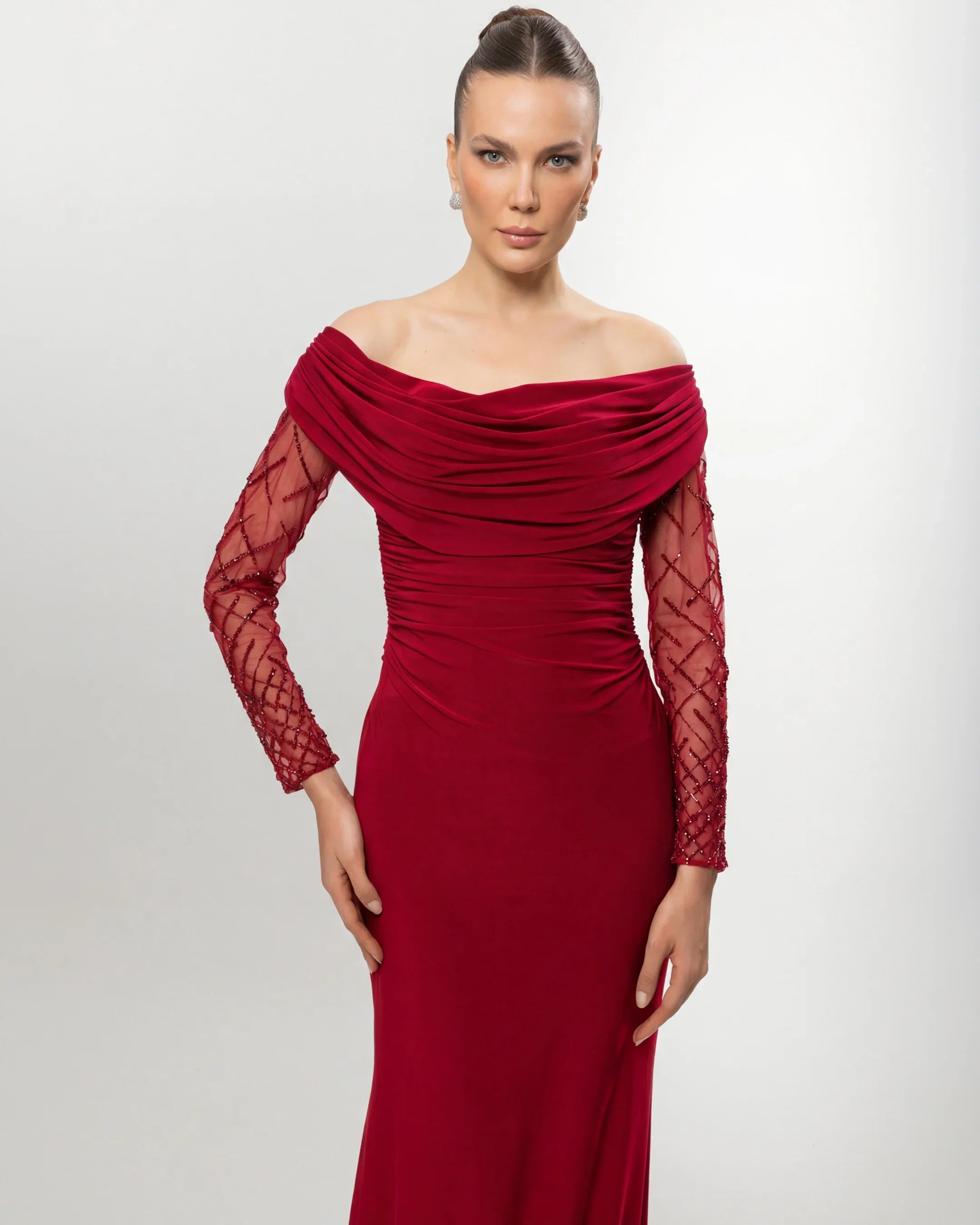 26015-Drape Collar Drop Shoulder Long Evening Dress
