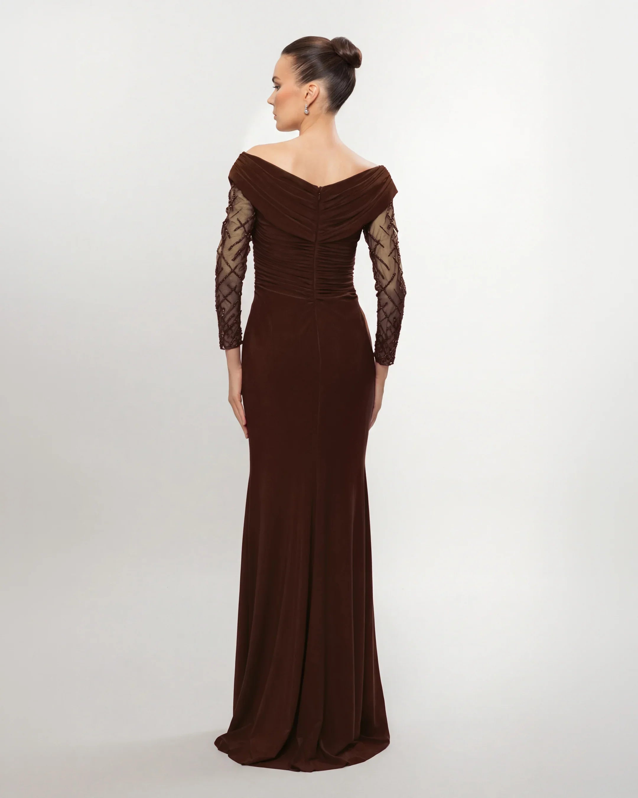 26015-Drape Collar Drop Shoulder Long Evening Dress