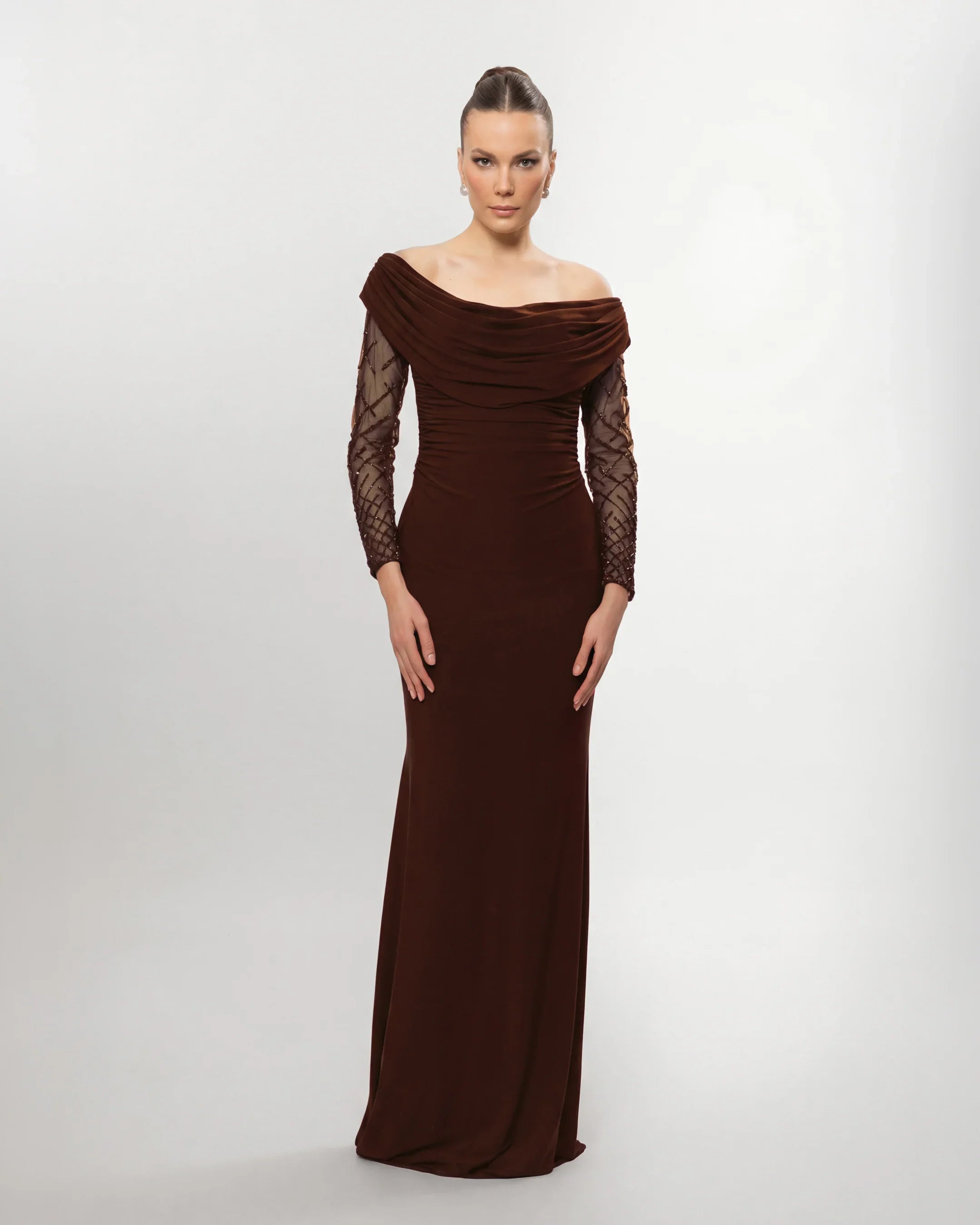 26015-Drape Collar Drop Shoulder Long Evening Dress