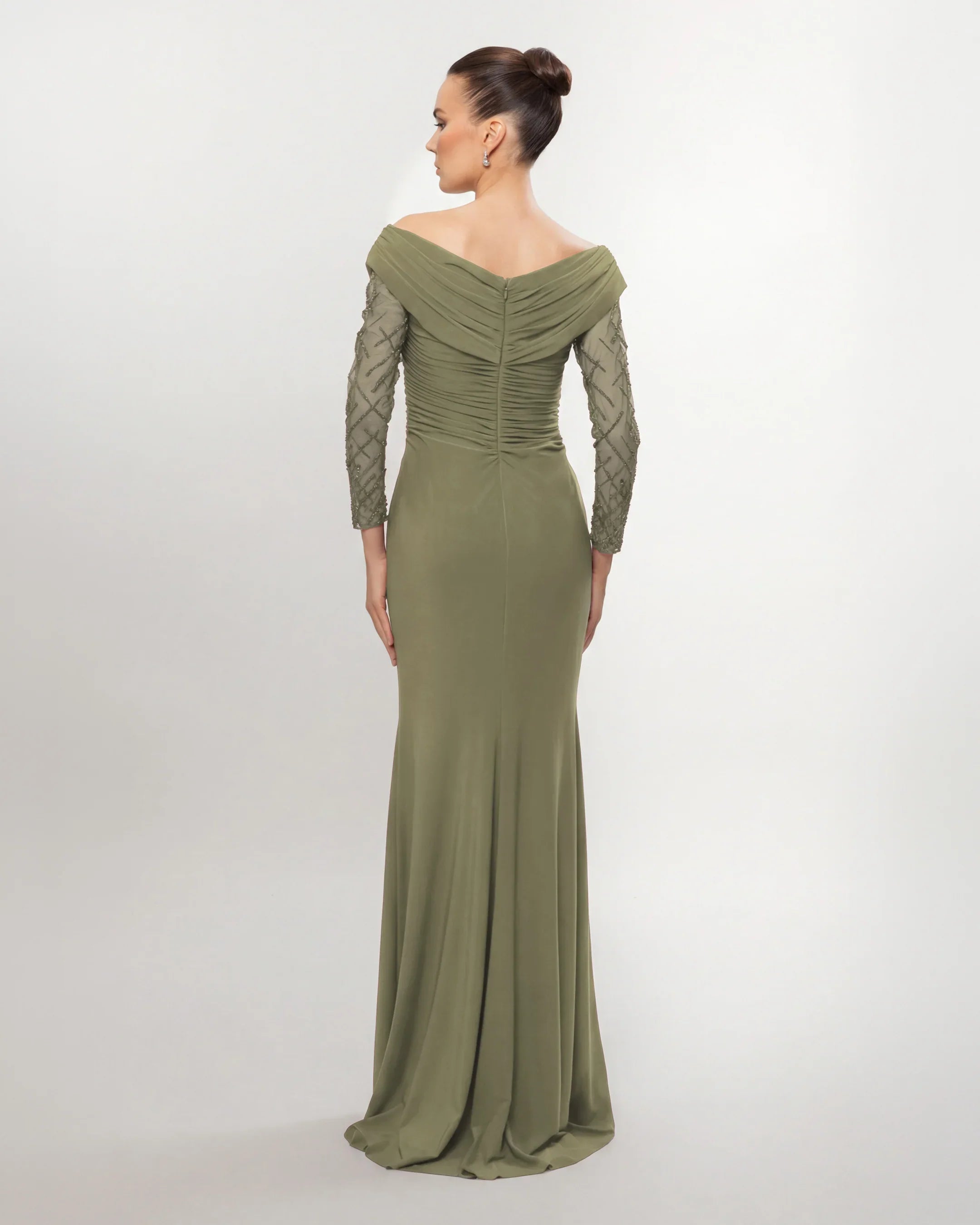 26015-Drape Collar Drop Shoulder Long Evening Dress