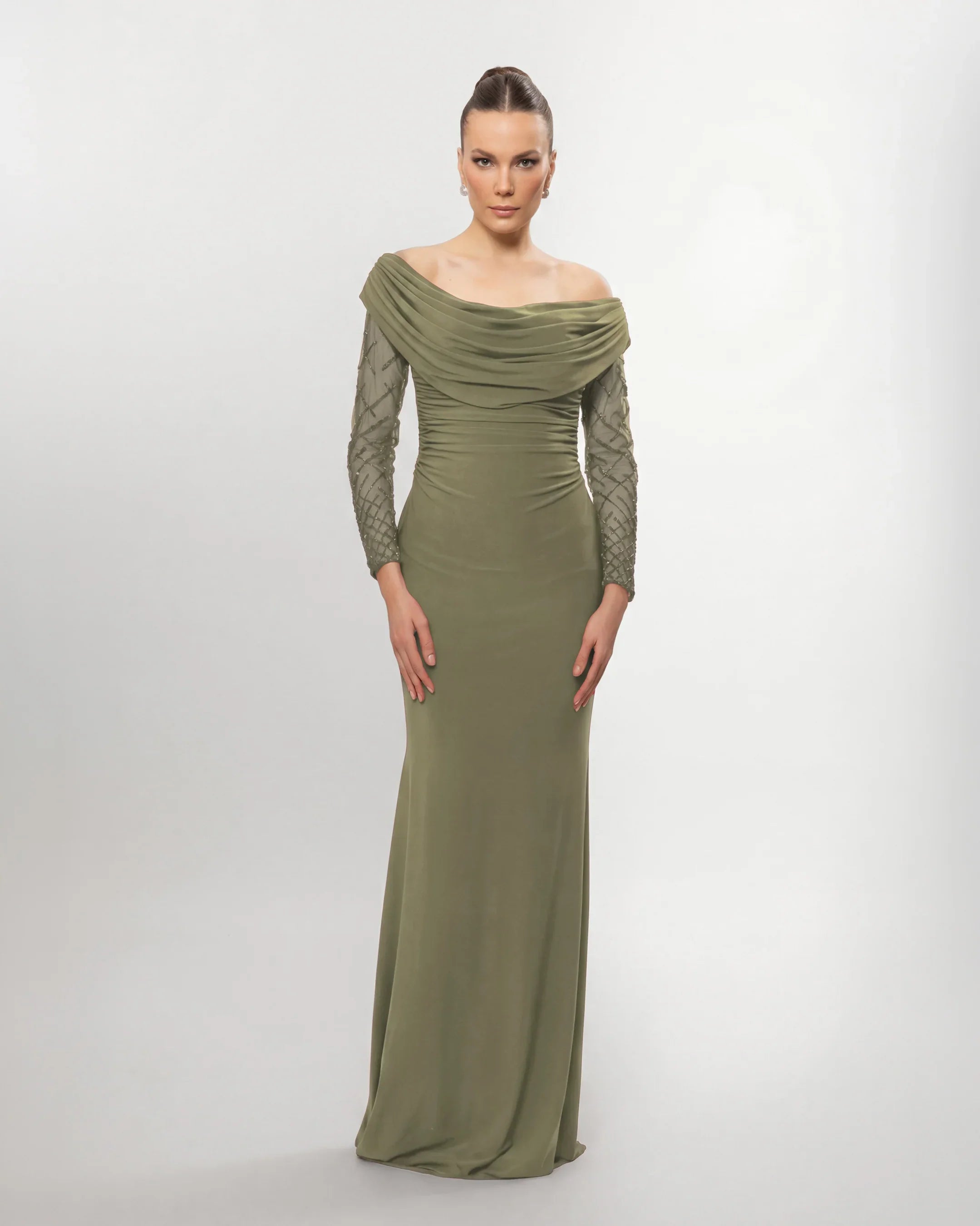 26015-Drape Collar Drop Shoulder Long Evening Dress