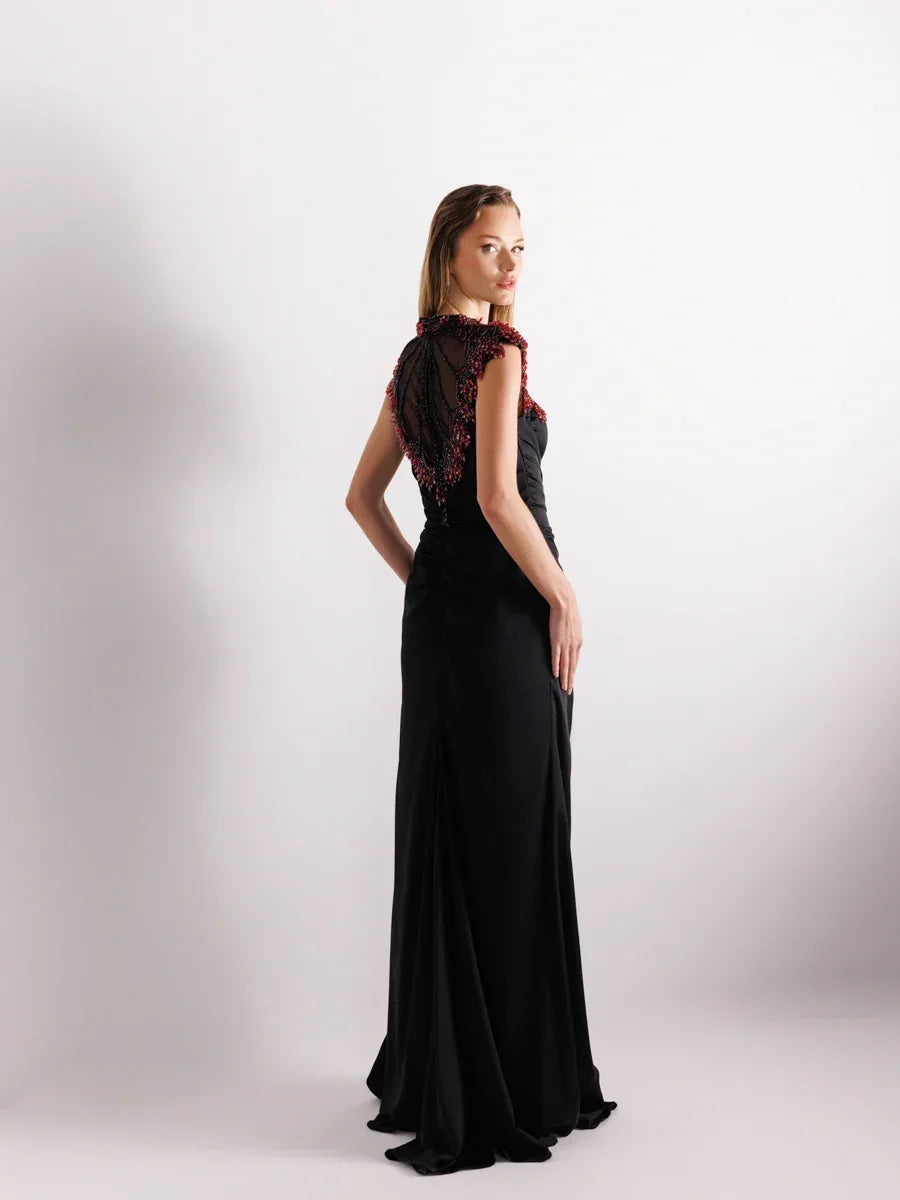 25017-İşleme Detaylı Hakim Yaka Balık Abiye Elbise - Kenzel