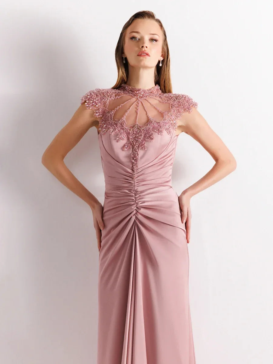 25017-İşleme Detaylı Hakim Yaka Balık Abiye Elbise - Kenzel