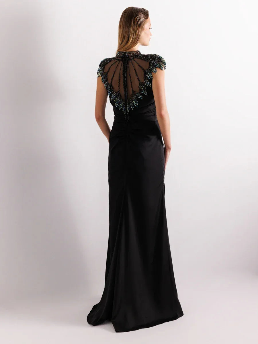 25017-İşleme Detaylı Hakim Yaka Balık Abiye Elbise - Kenzel