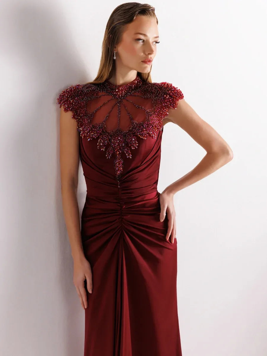 25017-İşleme Detaylı Hakim Yaka Balık Abiye Elbise - Kenzel