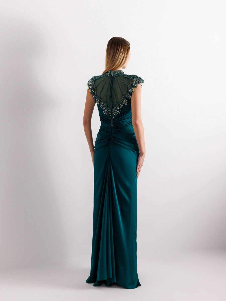 25017-İşleme Detaylı Hakim Yaka Balık Abiye Elbise