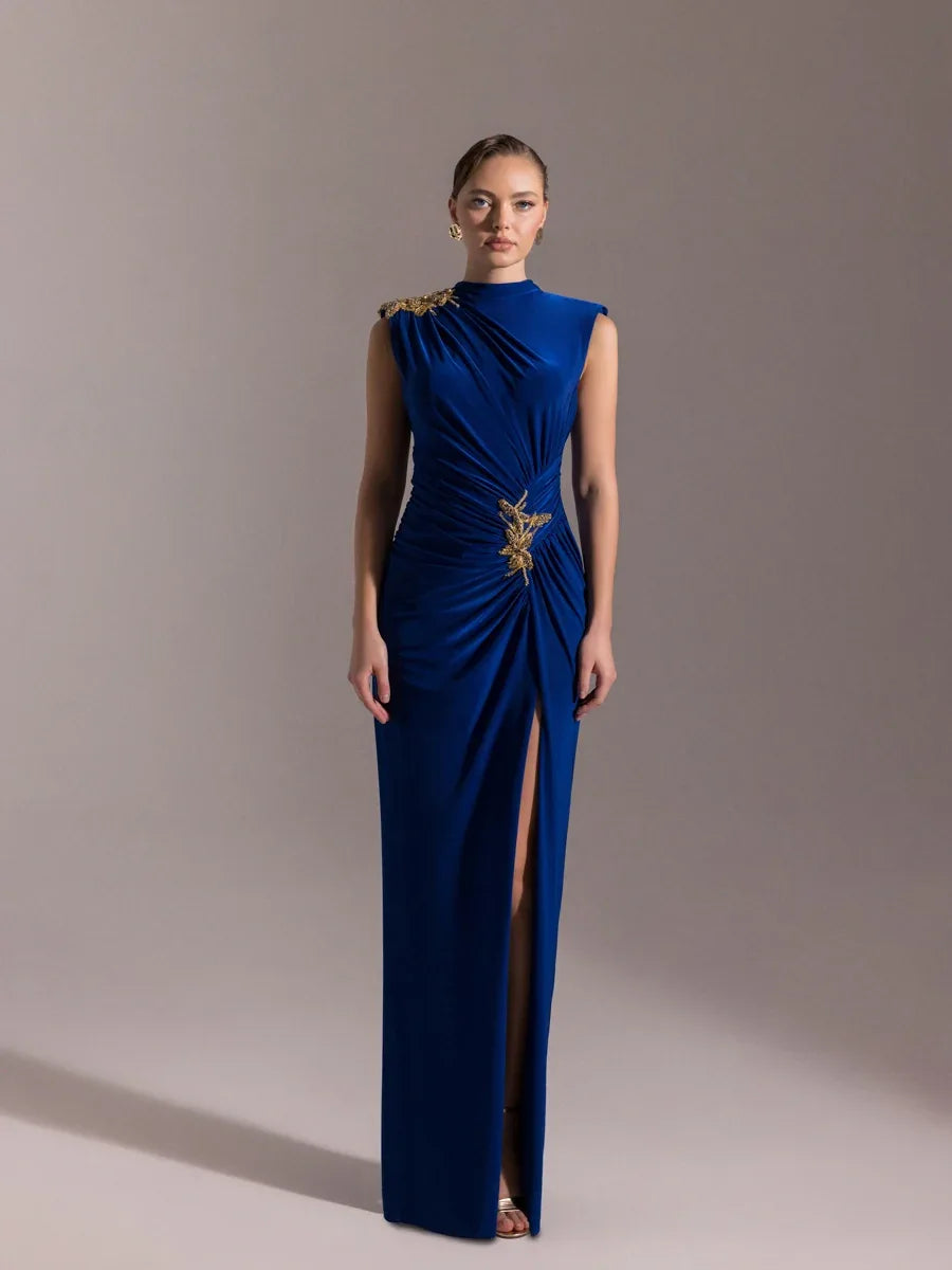 25019-Vatkalı Hakim Yaka Yırtmaçlı Uzun Abiye Elbise - Kenzel