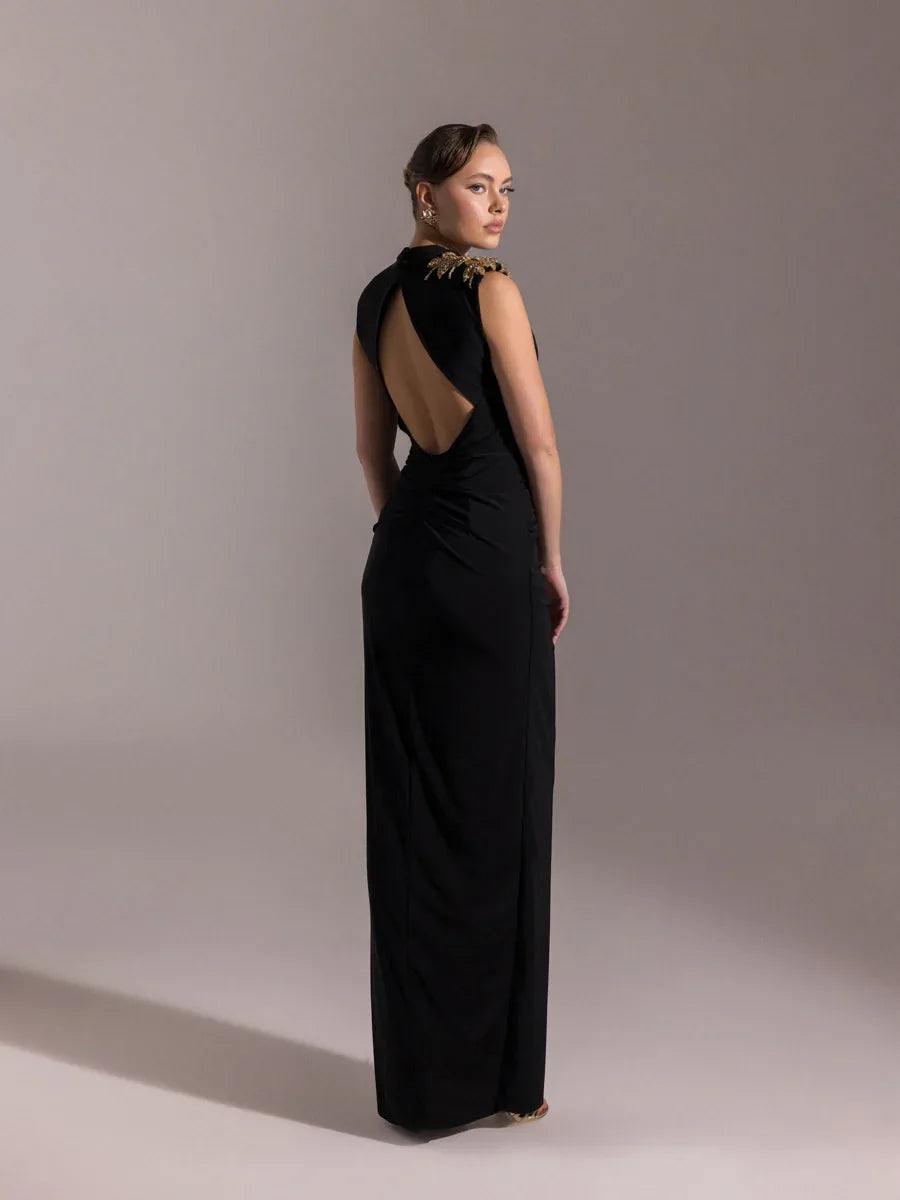 25019-Vatkalı Hakim Yaka Yırtmaçlı Uzun Abiye Elbise - Kenzel