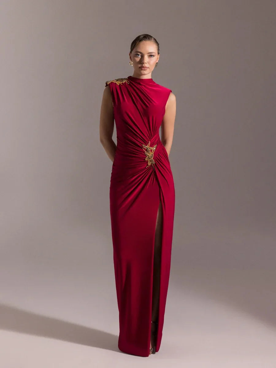 25019-Vatkalı Hakim Yaka Yırtmaçlı Uzun Abiye Elbise - Kenzel