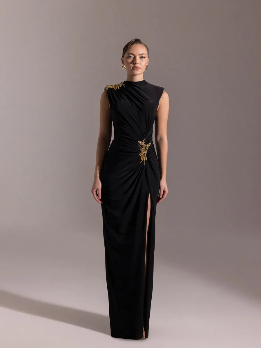 25019-Vatkalı Hakim Yaka Yırtmaçlı Uzun Abiye Elbise - Kenzel