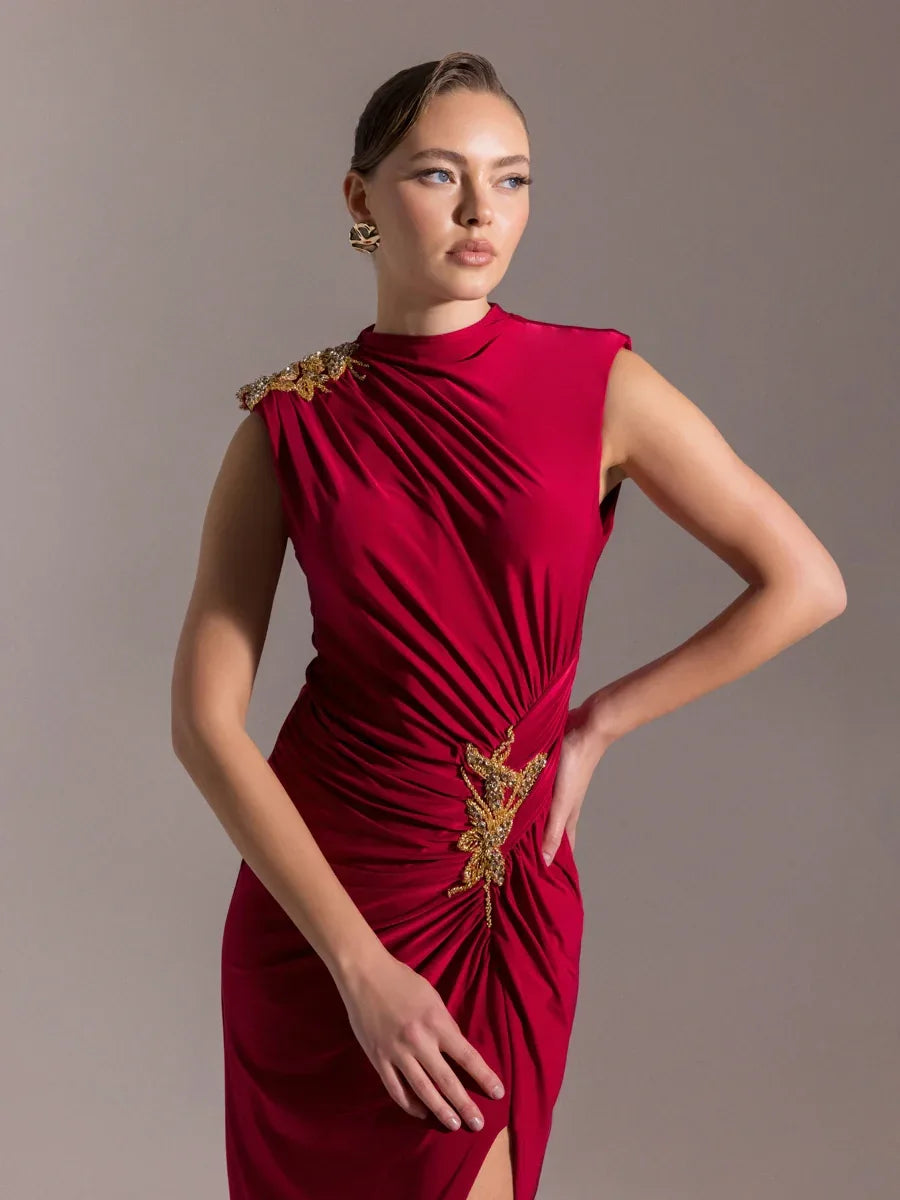 25019-Vatkalı Hakim Yaka Yırtmaçlı Uzun Abiye Elbise - Kenzel