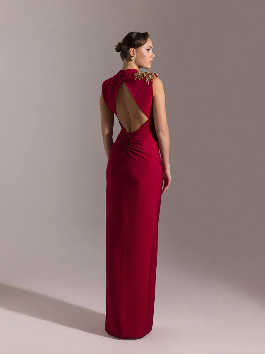 25019-Vatkalı Hakim Yaka Yırtmaçlı Uzun Abiye Elbise - Kenzel