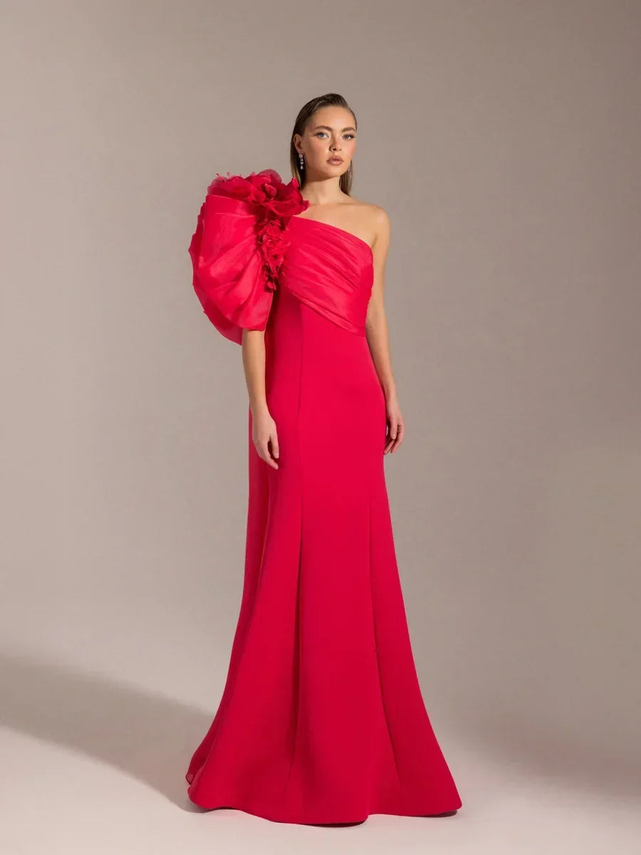 25023-Tek Omuz Çiçek Detaylı Balık Abiye Elbise - Kenzel