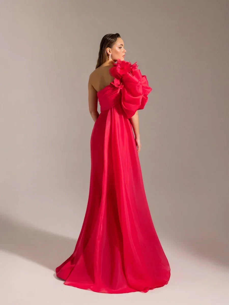 25023-Tek Omuz Çiçek Detaylı Balık Abiye Elbise - Kenzel